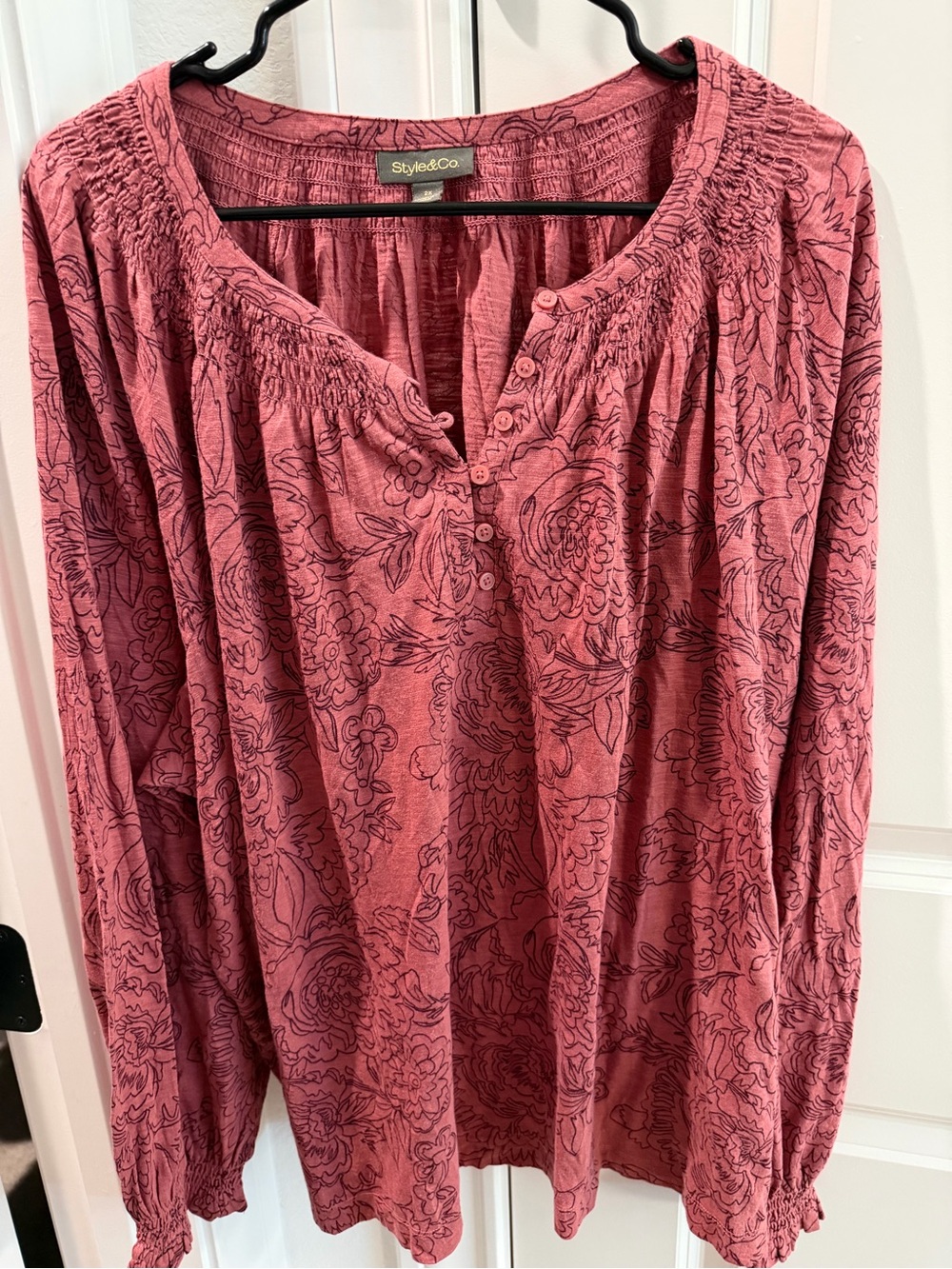 Peachy Pink Floral Smocked Yoke Long Sleeve Blouse